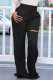 Black Casual Solid Ripped Regular High Waist Conventional Solid Color Bottoms