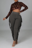 Red Sexy Solid Tassel Skinny High Waist Pencil Solid Color Bottoms
