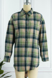 Green Casual Plaid Print Patchwork Buckle Turndown Collar Shirt Dress Dresses
