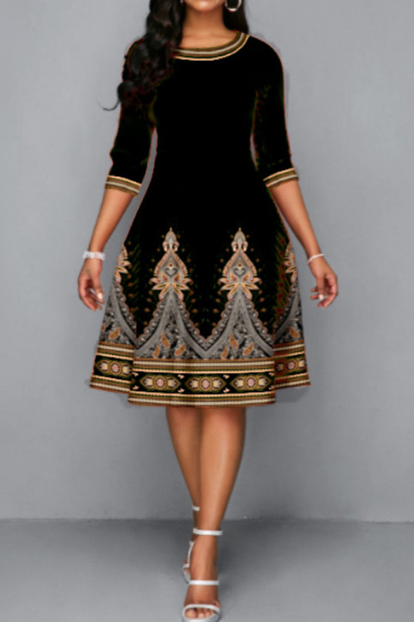 Black Casual Print Patchwork O Neck A Line Dresses
