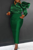 Ink Green Elegant Solid Patchwork Flounce O Neck One Step Skirt Dresses