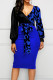 Deep Blue Casual Print Patchwork With Bow V Neck One Step Skirt Dresses