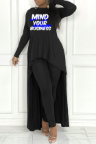Black Street Print Letter O Neck Long Sleeve Two Pieces