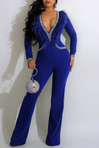 Blue Sexy Solid Patchwork Feathers Hot Drill V Neck Straight Jumpsuits