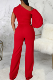 Red Casual Solid Patchwork One Shoulder Boot Cut Jumpsuits