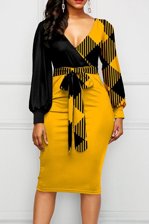 Yellow Casual Print Patchwork With Bow V Neck One Step Skirt Dresses