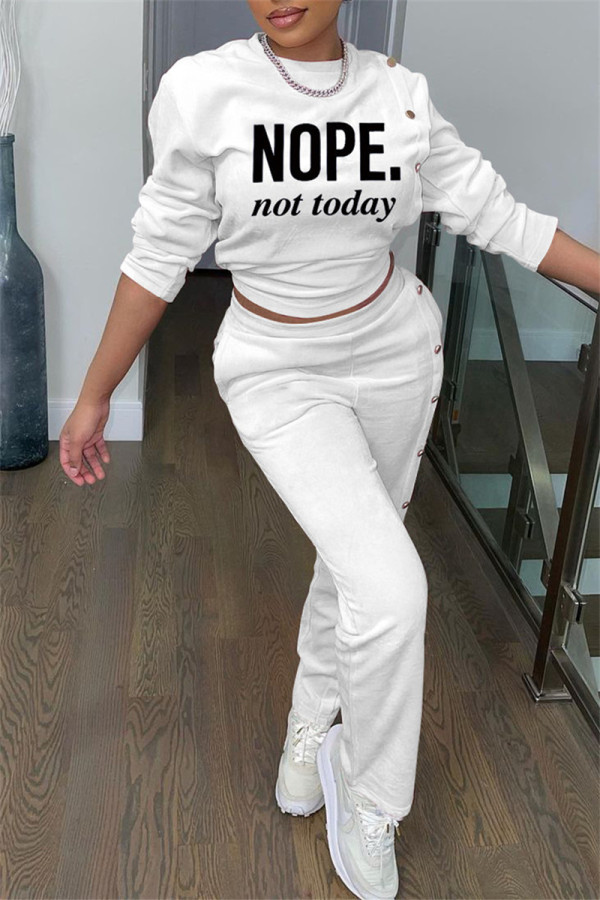 White Casual Letter Print Patchwork O Neck Long Sleeve Two Pieces