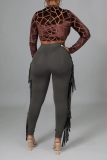 Red Sexy Solid Tassel Skinny High Waist Pencil Solid Color Bottoms
