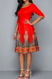 Red Casual Print Patchwork O Neck A Line Dresses