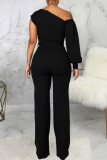 Red Casual Solid Patchwork One Shoulder Boot Cut Jumpsuits