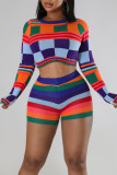 Red Sexy Plaid Print Patchwork O Neck Long Sleeve Two Pieces