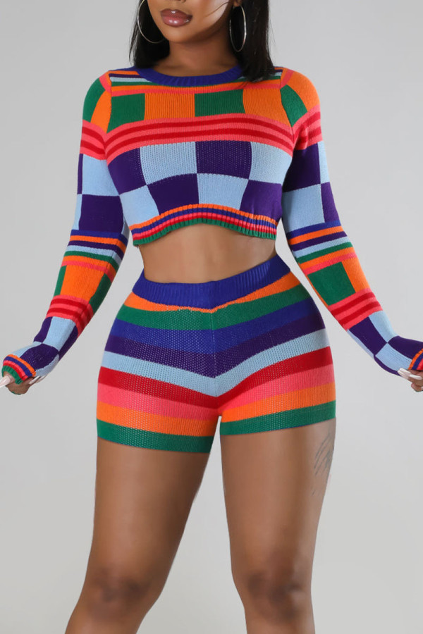 Red Sexy Plaid Print Patchwork O Neck Long Sleeve Two Pieces
