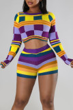 Red Sexy Plaid Print Patchwork O Neck Long Sleeve Two Pieces