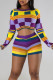 Yellow Sexy Plaid Print Patchwork O Neck Long Sleeve Two Pieces