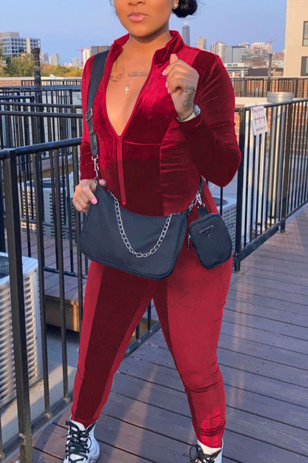 Wine Red Sexy Velvet Solid O Neck Regular Jumpsuits