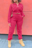 Rose Red Casual Solid Patchwork Buckle Turndown Collar Long Sleeve Two Pieces