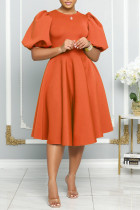 Tangerine Red Casual Solid Patchwork O Neck A Line Dresses