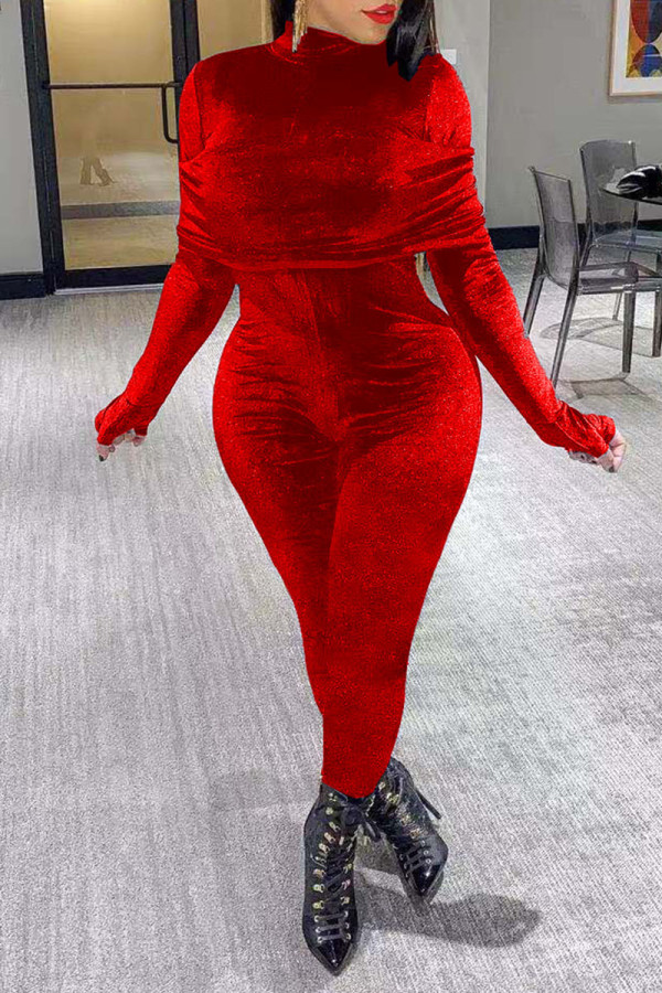 Red Sexy Solid Patchwork Turtleneck Skinny Jumpsuits