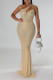 Apricot Sexy Solid Hollowed Out Patchwork Hot Drill Asymmetrical Collar Evening Dress Dresses