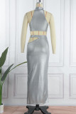 Silver Sexy Solid Hollowed Out Patchwork Half A Turtleneck Sleeveless Two Pieces
