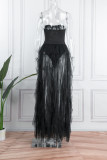 Black Sexy Solid Patchwork See-through Strapless Sleeveless Two Pieces