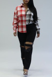 Red-brown Casual Plaid Print Patchwork Buckle Turndown Collar Tops