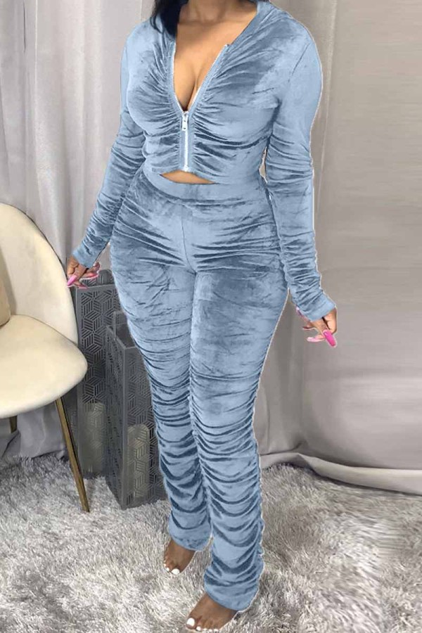 Sky Blue Fashion Sexy Adult Pleuche Solid Fold Hooded Collar Long Sleeve Regular Sleeve Regular Two Pieces