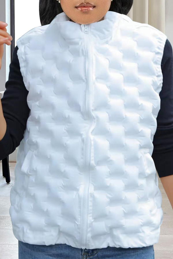 White Casual Solid Patchwork Mandarin Collar Outerwear