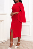 Red Casual Solid Patchwork Slit O Neck One Step Skirt Dresses