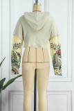Apricot Casual Street Print Patchwork Hooded Collar Tops