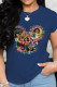 Navy Blue Party Cute Character Patchwork O Neck T-Shirts