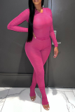 Rose Red Casual Solid Patchwork O Neck Long Sleeve Two Pieces