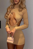Brown Sexy Solid Hollowed Out Half A Turtleneck Pencil Skirt Dresses