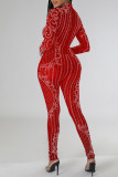 Red Sexy Solid Patchwork Hot Drill Half A Turtleneck Skinny Jumpsuits