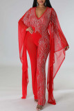 Red Sexy Solid Patchwork See-through Hot Drill V Neck Straight Jumpsuits