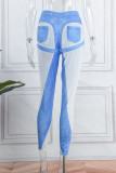 Light Blue Casual Print Patchwork Skinny High Waist Pencil Trousers