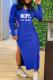 Blue Street Print Slit V Neck Pencil Skirt Dresses