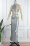 Silver Sexy Solid Hollowed Out Patchwork Half A Turtleneck Sleeveless Two Pieces