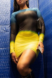 Yellow Sexy Print Patchwork O Neck Pencil Skirt Dresses