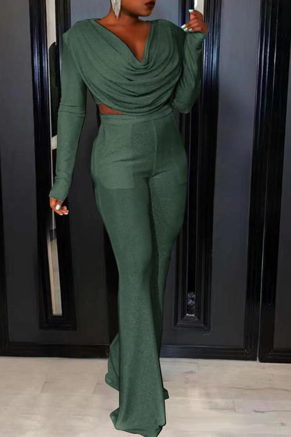 Ink Green Street Solid Fold U Neck Long Sleeve Two Pieces