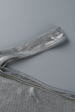 Silver Sexy Solid Hollowed Out Patchwork Half A Turtleneck Sleeveless Two Pieces