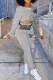 Grey Casual Sportswear Print Bandage Hollowed Out Patchwork O Neck Long Sleeve Two Pieces