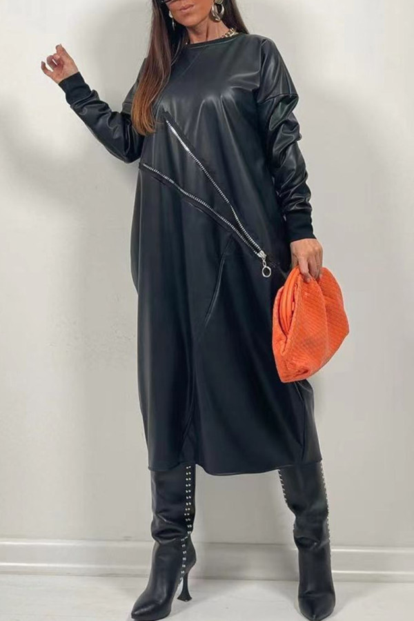 Black Casual Solid Patchwork O Neck Long Sleeve Dresses