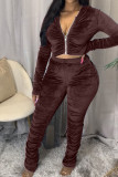 Coffee Fashion Sexy Adult Pleuche Solid Fold Hooded Collar Long Sleeve Regular Sleeve Regular Two Pieces