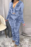 Blue Fashion Sexy Adult Pleuche Solid Fold Hooded Collar Long Sleeve Regular Sleeve Regular Two Pieces
