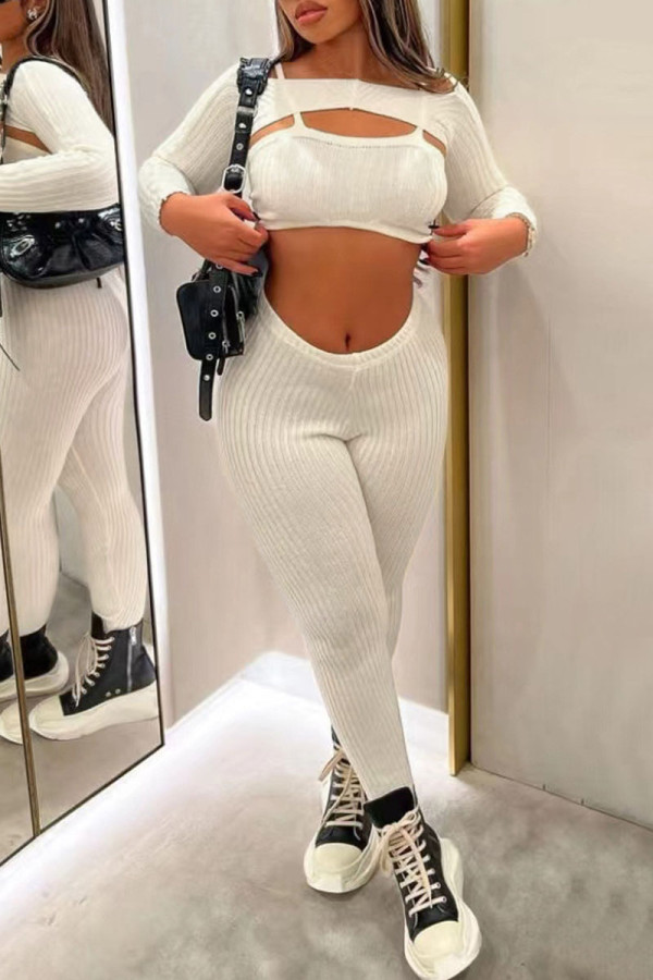 White Sexy Casual Solid Hollowed Out O Neck Long Sleeve Three-piece Set