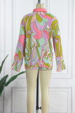 Pink Casual Print Patchwork Buckle Turndown Collar Long Sleeve Two Pieces
