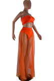 Tangerine Red Sexy Solid See-through Mesh Swimwears Cover Up