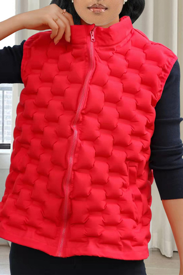 Red Casual Solid Patchwork Mandarin Collar Outerwear