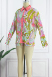 Pink Casual Print Patchwork Buckle Turndown Collar Long Sleeve Two Pieces